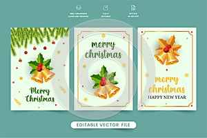 Printable Christmas greeting card vector with jingle bells and red berries. Xmas gift card template and holiday wish card design