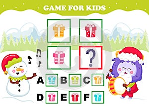 Printable christmas themed game for kids with yeti character and snowman dressed as elf and singing carols