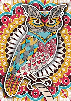 Printable coloring book page for adults - owl design, activity to older children and relax adult. vector with Islam