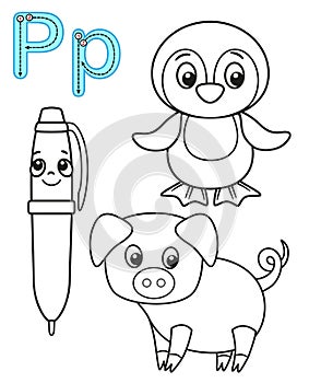 Printable coloring page for kindergarten and preschool. Card for study English. Vector coloring book alphabet. Letter P. pen, photo