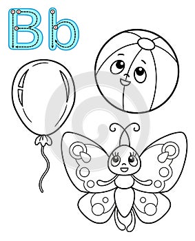 Printable coloring page for kindergarten and preschool. Card for study English. Vector coloring book alphabet. Letter b. Butterfly