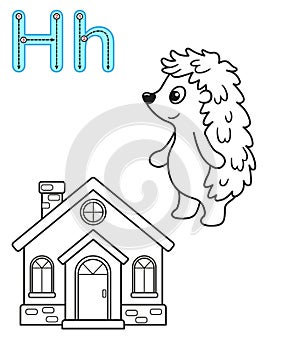 Printable coloring page for kindergarten and preschool. Card for study English. Vector coloring book alphabet. Letter H. hedgehog