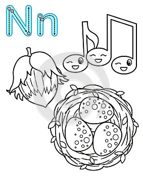 Printable coloring page for kindergarten and preschool. Card for study English. Vector coloring book alphabet. Letter N. nuts,