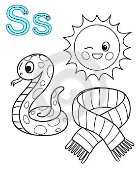 Printable coloring page for kindergarten and preschool. Card for study English. Vector coloring book alphabet. Letter S. scarf,