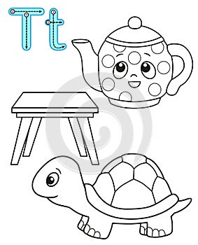 Printable coloring page for kindergarten and preschool. Card for study English. Vector coloring book alphabet. Letter T. table,