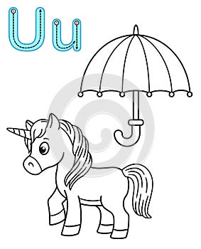 Printable coloring page for kindergarten and preschool. Card for study English. Vector coloring book alphabet. Letter U. umbrella