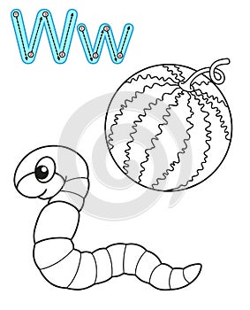 Printable coloring page for kindergarten and preschool. Card for study English. Vector coloring book alphabet. Letter W. photo