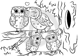 Printable coloring page outline of cute cartoon owl family sitting on tree near the hollow. Vector image. Coloring book of forest