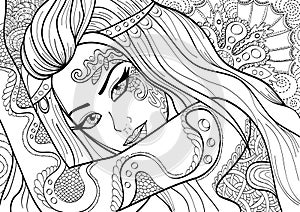 Printable Colouring Page . Lineart with girl and flowers