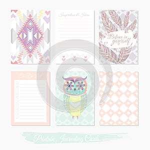 Printable cute set of filler cards with aztec pattern, owl