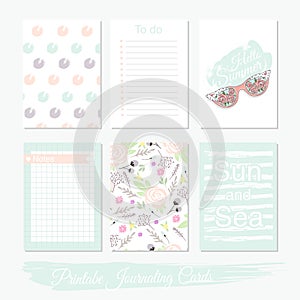 Printable cute set of filler cards with flowers, sunglasses