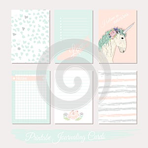 Printable cute set of filler cards with flowers, unicorn
