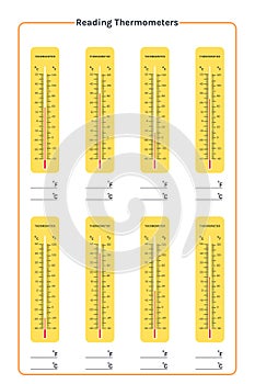 Printable education reading of thermometers. thermometer use for measurement of air temperature, body and other measurement