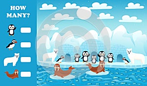 Printable educational worksheet for kids with how many puzzle, arctic animals wildlife with polar bears, penguins