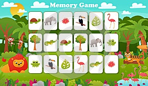 Printable educational worksheet for kids with sudoku puzzle, tropical jungle animals wildlife with cute lion and tiger