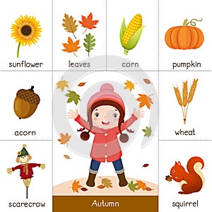Printable flash card for autumn and little girl playing with aut