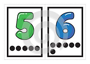 Printable flash card collection for numbers with the corresponding number of dots arranged in groups for preschool / kindergarten