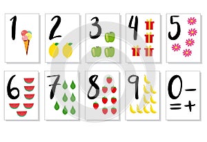 Printable flashcard collection for numbers from 0 to 10 for children. For preschool and kindergarten kids learning numbers, to cou