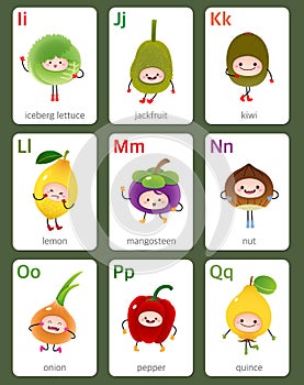 Printable flashcard English alphabet from I to Q with fruits and