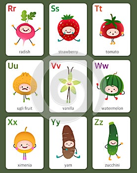 Printable flashcard English alphabet from R to Z with fruits and photo