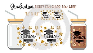 Printable Full wrap for libby class can. Senior pattern with graduate hat, scroll and stars.