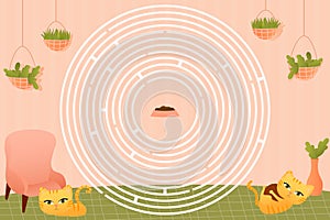 Printable kids circle maze with cute animal characters red cats playing, help to find way to food, quiz for book