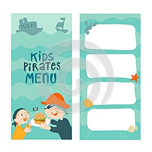 Printable kids pirated menu for restaurants and cafes. Template for children pirated menu