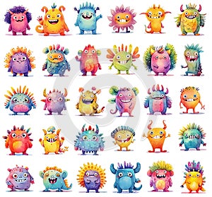 Printable monsters stickers. Cute cartoon creatures, colorful collection