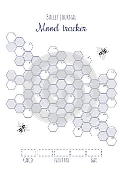 Printable mood tracker with uncolored and numbered honeycombs. Bullet journal ready to print page template.