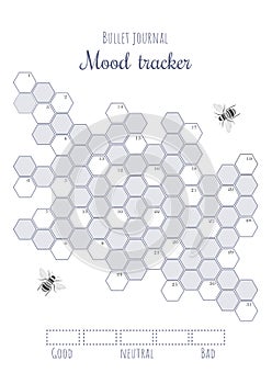 Printable mood tracker with uncolored and numbered honeycombs. Bullet journal ready to print page template. photo