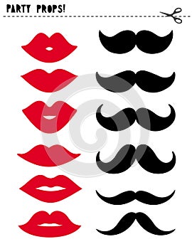 Printable Photo Booth Vector Props Set. Red Lips and Black Moustache. DIY.