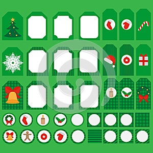 Printable set of Christmas and New Year party elements. Templates, labels, icons and wraps with Gift, holly, jingle bells, cookie,