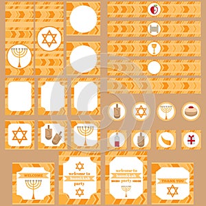 Printable set of Jewish holiday Hanukkah party elements. Templates, labels, icons and wraps with traditional donuts, holiday candl