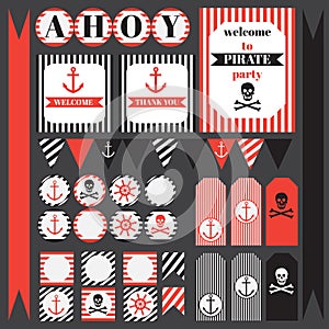 Printable set of vintage pirate party elements.