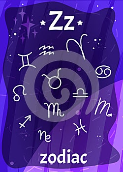 Cartoon printable space alphabet flashcard with letter Z and zodiac signs