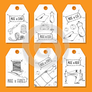 Printable tags in a retro style Hand-drawn. Sewing devices, devices for manufacturing, tailoring and textiles. Made in the USA, Ch