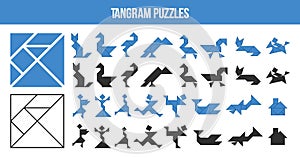 Printable Tangram, puzzle game. Set of shapes for kids activity that helps to learn geometric shapes. Animals , birds, fishes and