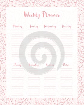 Weekly Planner. English Version. Elegant Pink Floral Motif. photo