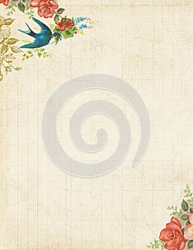 Printable vintage bird and roses stationary or background photo