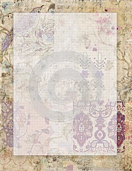 Printable vintage grungy shabby chic style floral stationary on collaged vintage wallpaper background with space for text