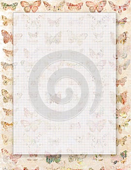 Printable vintage shabby chic style abstract floral stationary or background with butterflies