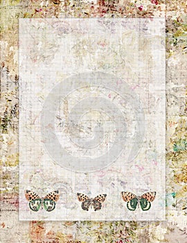 Printable vintage shabby chic style abstract floral stationary or background with butterflies