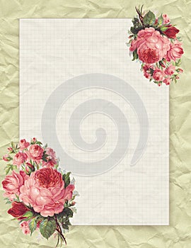 Printable vintage shabby chic style floral rose stationary on crumpled paper background