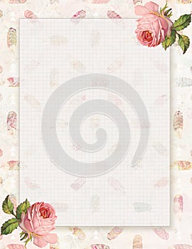 Printable vintage shabby chic style floral rose stationary on feather background