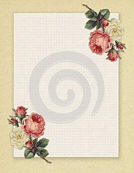 Printable vintage shabby chic style floral rose stationary on green paper background