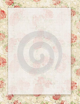 Printable vintage shabby chic style floral rose stationary on green paper background