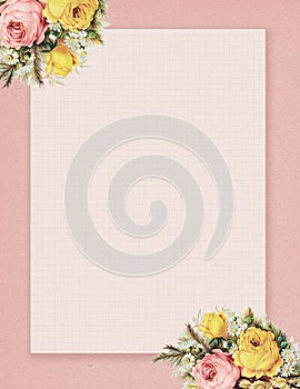 Printable vintage shabby chic style floral rose stationary on green paper background