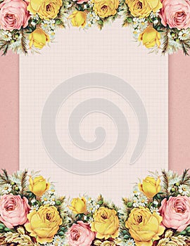 Printable vintage shabby chic style floral rose stationary on green paper background