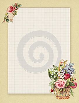 Printable vintage shabby chic style floral rose stationary on green paper background photo