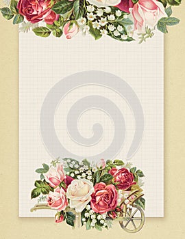 Printable vintage shabby chic style floral rose stationary on green paper background photo